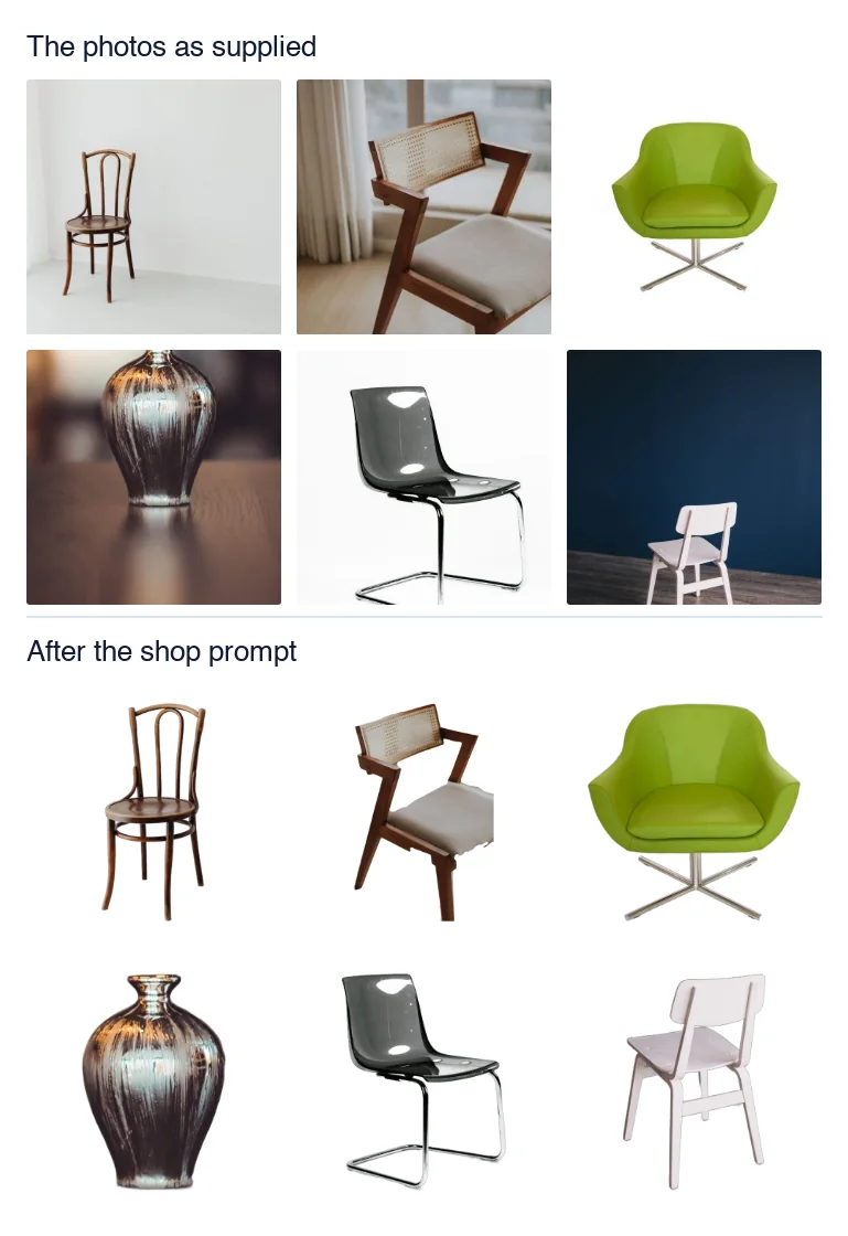 Six products in a WooCommerce shop grid, twice. Above, the supplier photos with six different backgrounds. Below, the same products cut out on white, all the same height and centered.