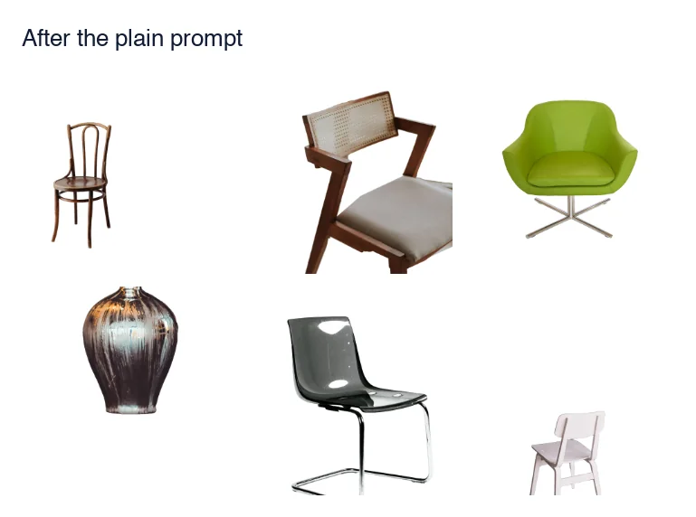 A WooCommerce shop grid of cutouts made with the plain prompt: a small chair at the left edge, a chair cut off at the right, a vase with its top cut off, a small white chair in a corner.